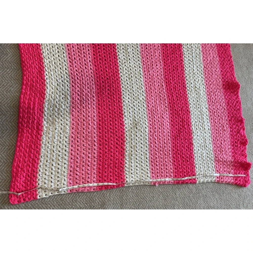 Handmade Crocheted Striped Afghan Throw Blanket Pink Coral White 44